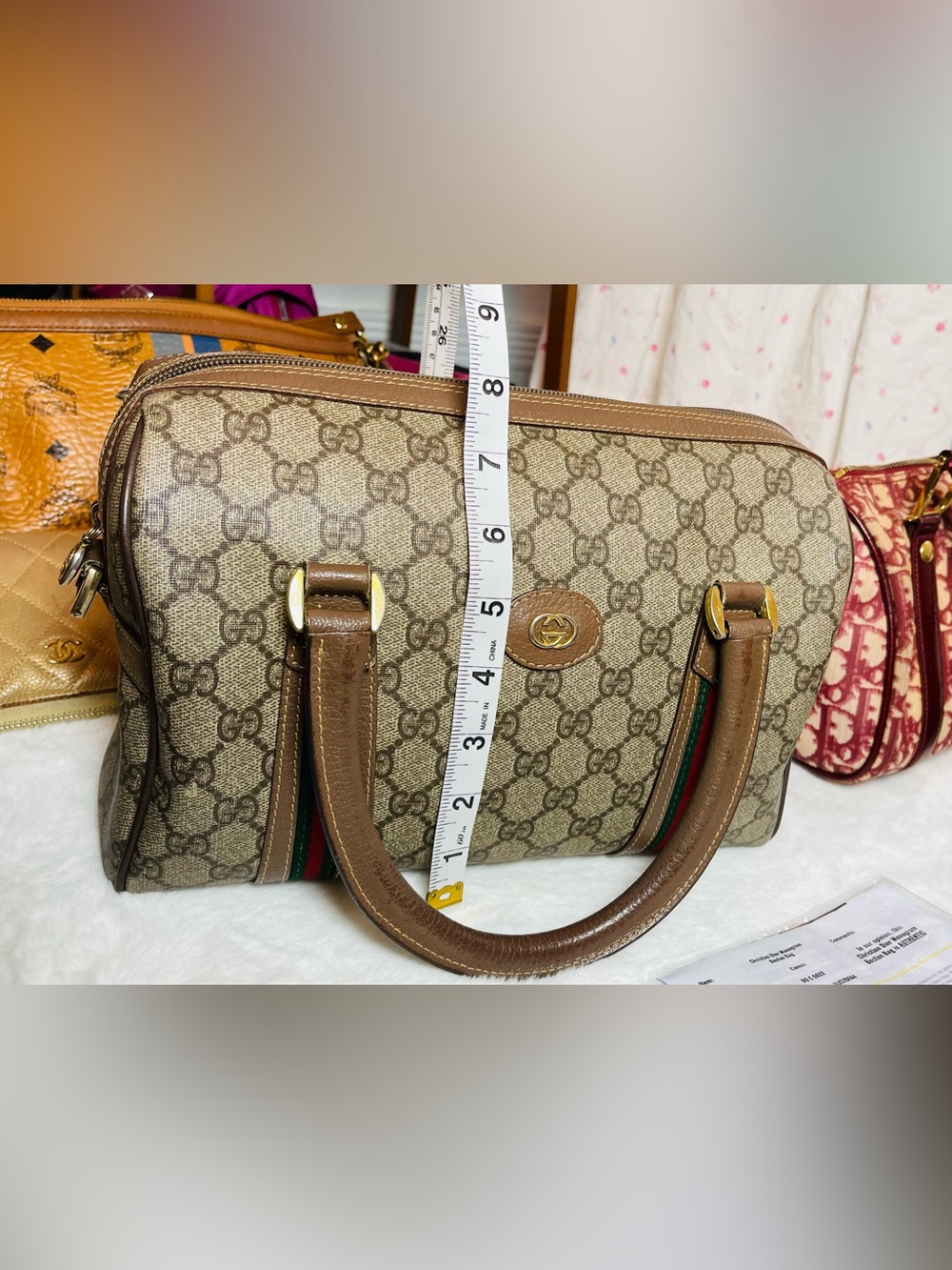 Gucci Vintage Beige/Brown Monogram Satchel with Green-Red Web Stripe